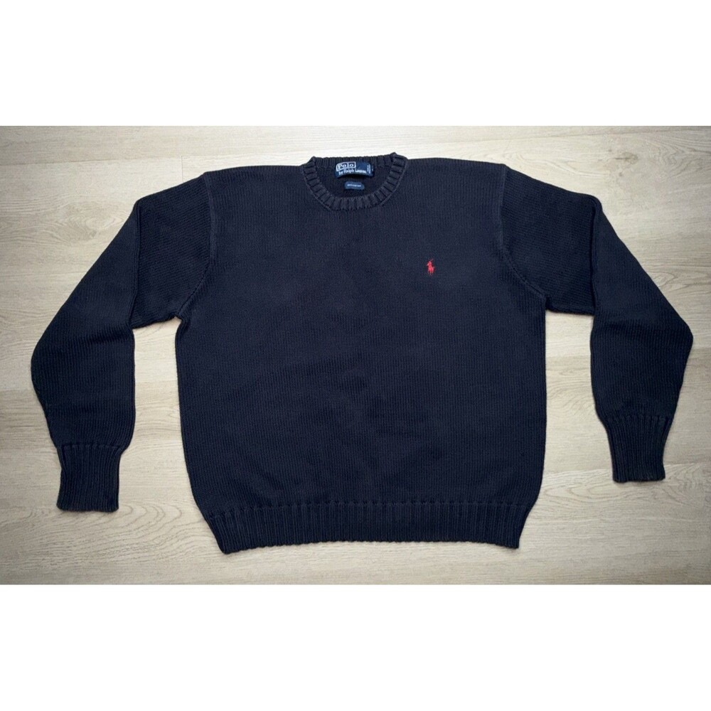 Vintage 90s Polo Ralph Lauren Black Crewneck Sweater Red Pony Large 100% Cotton